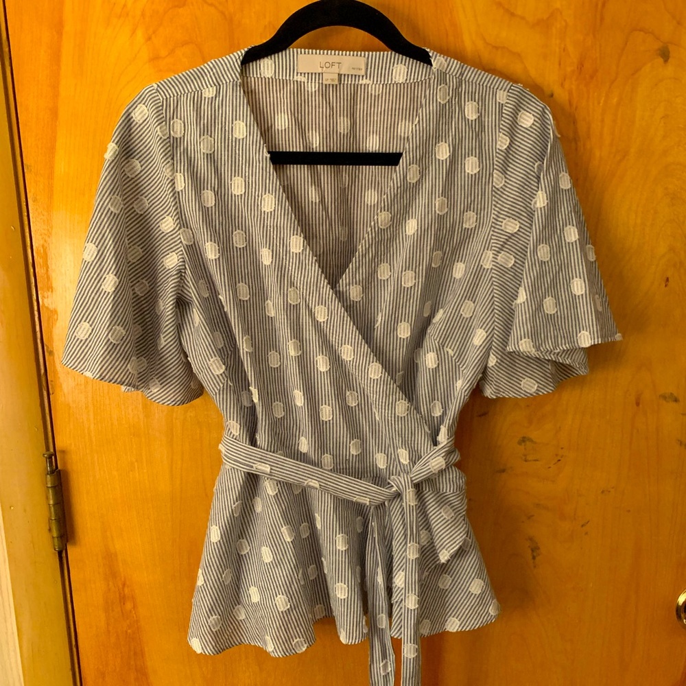Loft Petite dot wrap top, flutter sleeve, peplum